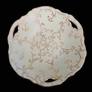 Antique Porcelain Decorative Bowl Gold Floral Scroll Pierced Handles Wall Hanger